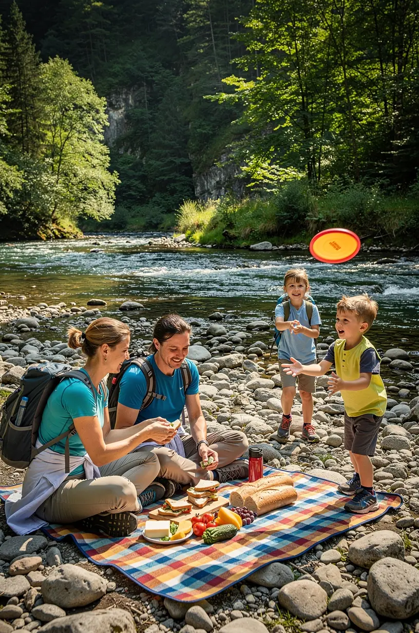 Záber na skupinu turistov počas prestávky na vyhliadkovej plošine s panoramatickým výhľadom na lesnaté údolie.