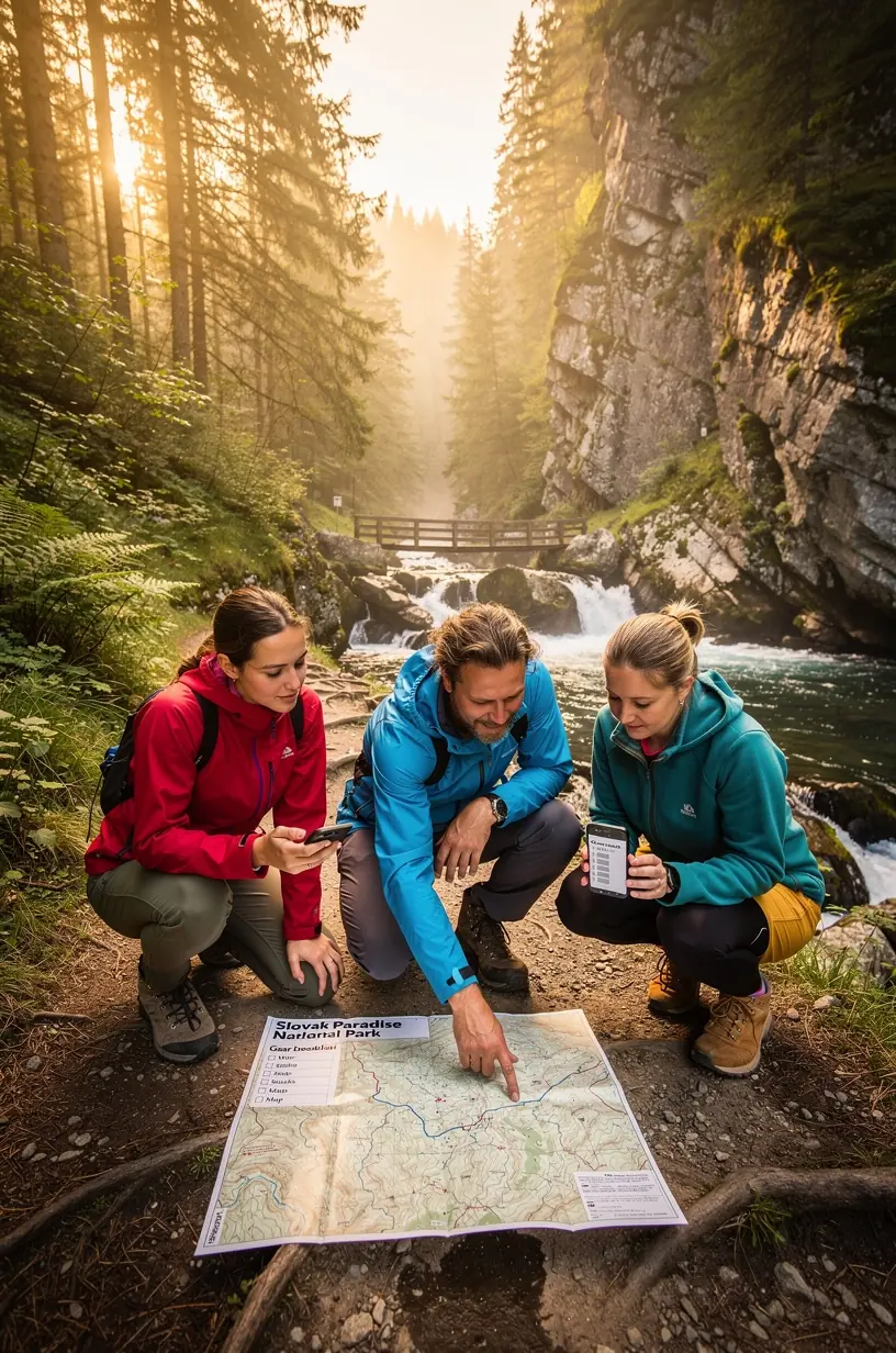 Mapa turistických trás v Slovenskom raji so zvýraznenými dĺžkami trás a odhadovanými časmi prechodu.